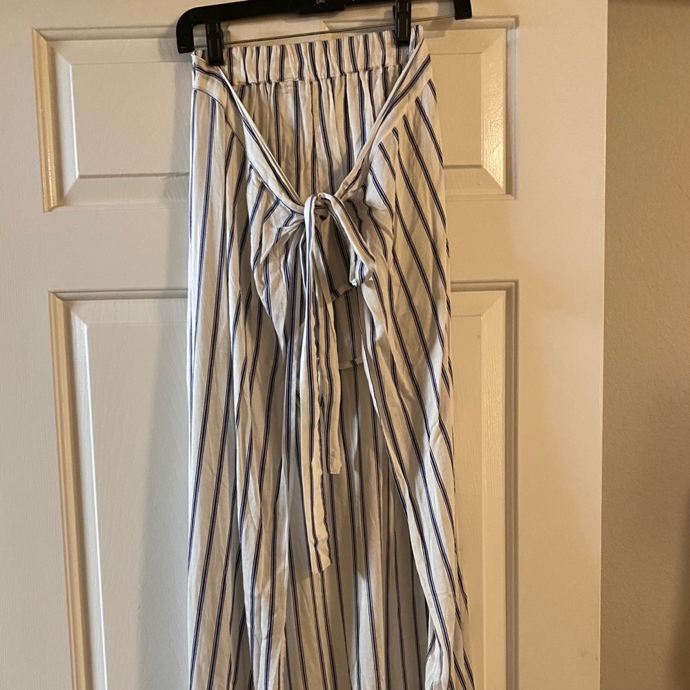 Blue and white striped shorts with tied skirt